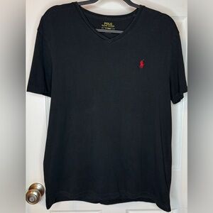 Polo by Ralph Lauren Black V-Neck Tee with Red Logo Size: M